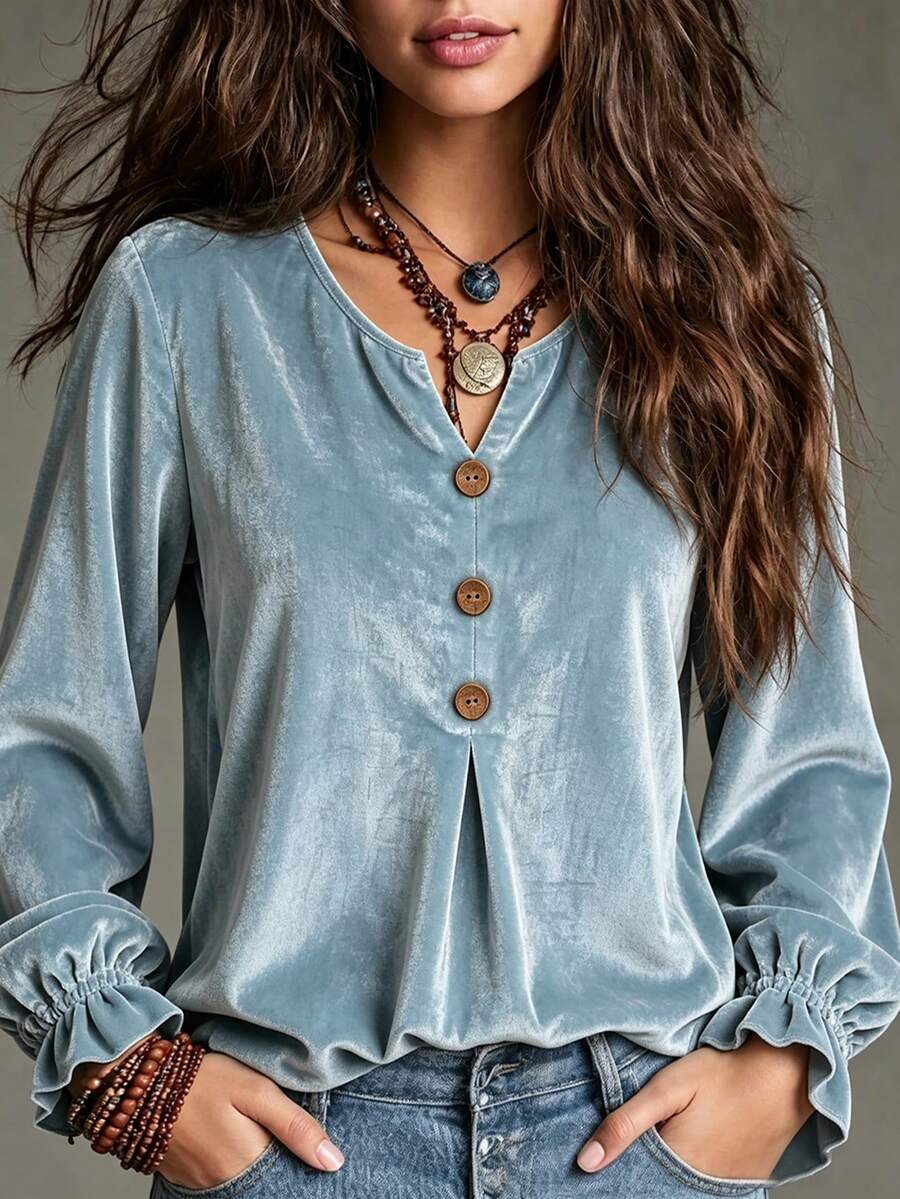 Vintage Elegant Solid Color Button Design Women's Velvet Long Sleeve Top, Autumn New Commuter Blouse - Baby Blue - View 1