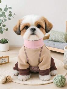 PETCIRCLE 1PC Pet Clothes Small Dog Puppy Cute Pet Autumn/Winter Versatile Jumpsuit Windproof Warm Colorblock Four-Legged Outfit - Pink & Coffee - Multicolor - View 2