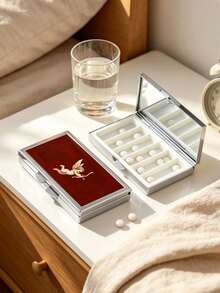 Vintage Cupid Angel Pattern Travel Jewelry Box, Portable Metal Frame Detachable Earring Storage Box, Vintage Red Enamel Small Jewelry Organizer, Multi-Compartment Grid Design For Rings, Earrings, Small Pendants And Mini Accessories - Multicolor - View 9