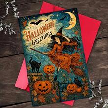 1 Greeting Card + 1 Envelope Mystical Halloween Greeting Card, Witch Flying On Broomstick "Halloween Greetings", Perfect For Friends, Spooky Autumn Vintage Art Style. - View 3