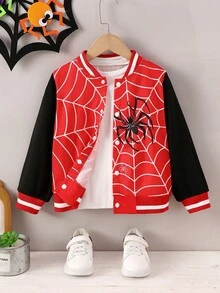 Boys' Spider Web Print Baseball Jacket, Young Boy Long Sleeve Red & Black Colorblock Varsity Style Baseball Jacket, Cartoon Spider Pattern Snap Button Casual Outerwear, Lightweight Fashion Jacket, Suitable For 4-7 Years Old Boys Daily Wear, Young Boy Spider Print Jacket - Multicolor - View 1