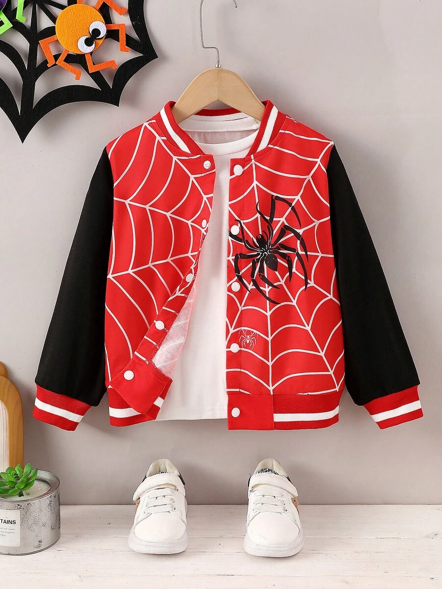 Boys' Spider Web Print Baseball Jacket, Young Boy Long Sleeve Red & Black Colorblock Varsity Style Baseball Jacket, Cartoon Spider Pattern Snap Button Casual Outerwear, Lightweight Fashion Jacket, Suitable For 4-7 Years Old Boys Daily Wear, Young Boy Spider Print Jacket - Multicolor - View 1