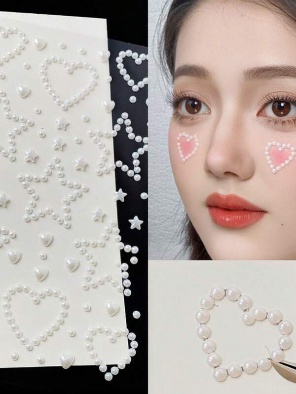 1 Set White Pearl Face Stickers, Hollow Heart & Solid Five-Point Star Pearl Combination, Includes Tweezers, Sweet Style Makeup Decoration, Stage Makeup, Scrapbook Gift DIY Flexible Pearl Decals