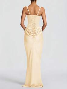 Fitted Long Satin Draped Dress With Tie Back, Elegant Summer Birthday Party Evening Dress - Light Yellow - View 3