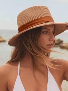 CAJUNI 1 buah Topi Jerami Jazz Anyaman Kasual untuk Liburan - Pita Khaki + Coklat - View 2