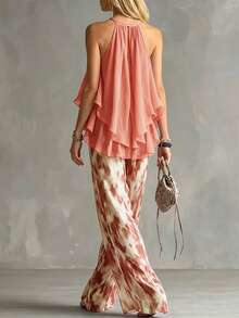 Setelan Dua Potong Wanita Musim Panas Bahan Chiffon, Atasan Tanpa Lengan Leher Halter dengan Bahu Terbuka dan Celana Panjang Motif Tie-Dye, Desain Ruffle Dua Lapis yang Elegan - Coral Orange - View 2