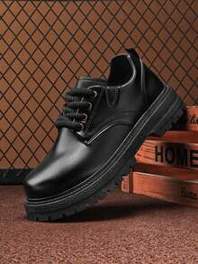 Men's Vintage Workwear Style Thick Sole Boots, Lace-Up PU Leather Material, Campus Back To School Season Outdoor Casual Versatile Boots - Black - View 1