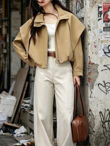European And American Fashion Women's Casual Commute Versatile Solid Color Zipper Metal Button Shawl Collar Short Jacket Coat Suitable For Daily Wear, Dating, Home, Spring And Autumn - Khaki - View 5