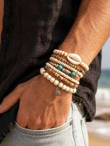 7pcs/Set Bohemian Coconut Shell & Shell Beaded Bracelets, Turquoise Fish & Pineapple Pendant Layered Bracelets, Men's Beach Vacation Jewelry - White - View 2