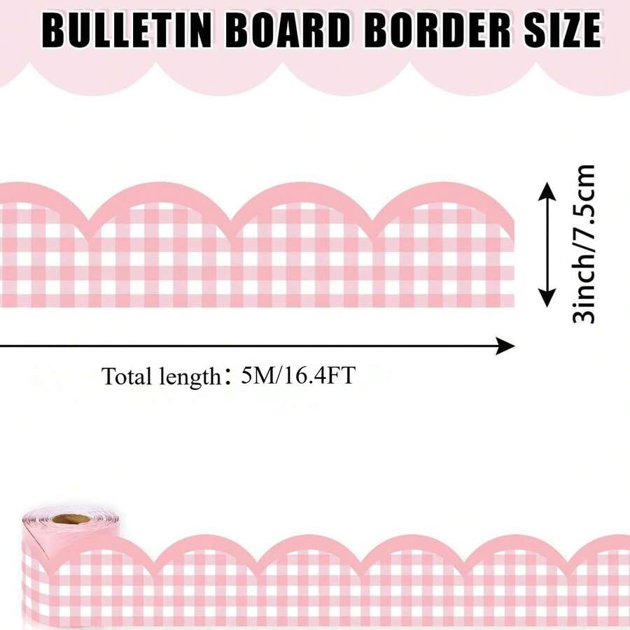 5M/16.4Ft Pink Plaid Scalloped Edge Bulletin Board Border Stickers, Suitable For Party Decoration, Border Sticker Roll, Seasonal Classroom Theme, Party Tabletop Decoration, Dessert Display Board Decoration, Wedding, Halloween, Thanksgiving - Pink Plaid - View 1