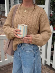 Cable Knit Drop Shoulder Oversized Sweater, Apricot Beige Long Sleeve Crew Neck Loose Cropped Pullover Fall Knit Jumper#Fdoc - Camel - View 2