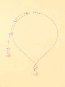outingfit 1pc Gold Zirconia Leaf Pearl Back Necklace, Bridal Wedding Dress Backless Dress Water Drop Pendant Back Chain Body Accessory - Geometric - View 10