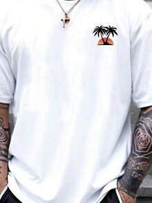 Surfing Tee Cotton Fashionable Casual Loose Sports Coconut Tree And Sunset Pattern Printed Round Neck Short SLeesved T-Shirt - 白色 - 查看 1