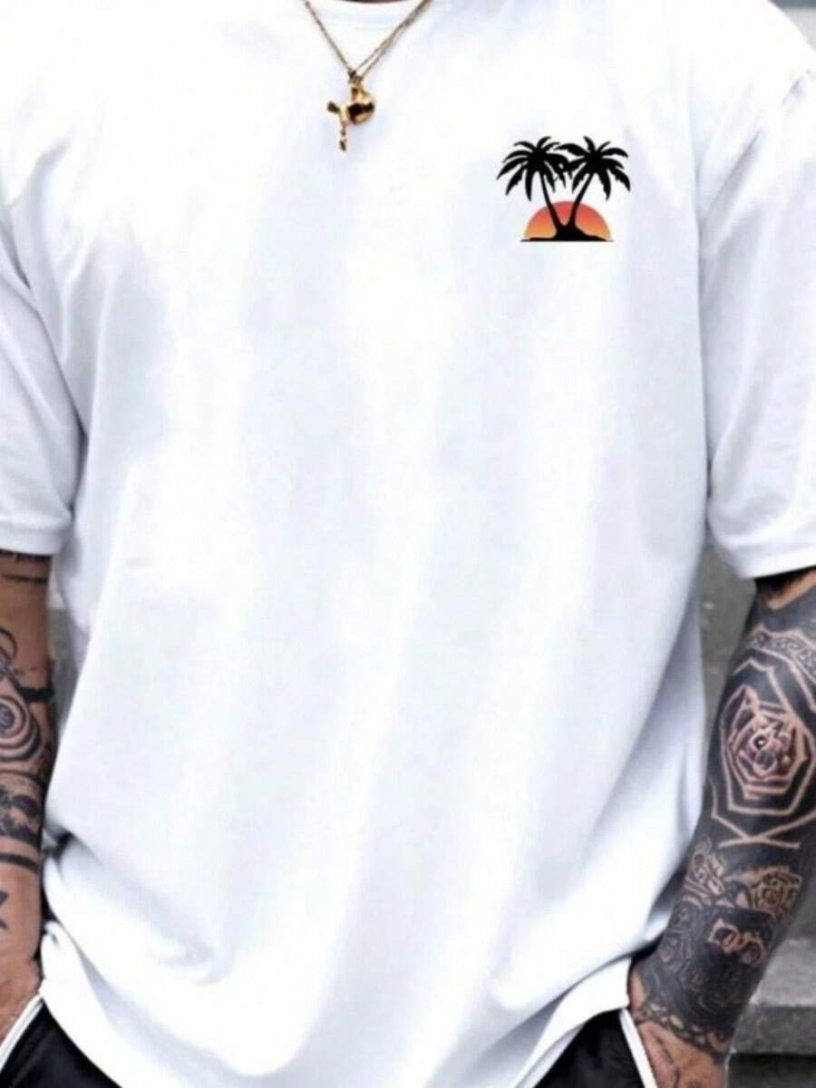 Surfing Tee Cotton Fashionable Casual Loose Sports Coconut Tree And Sunset Pattern Printed Round Neck Short SLeesved T-Shirt - 白色 - 查看 1