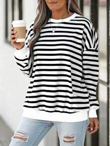 Plus Size Women's Striped Knit Round Neck Top, Fashionable And Comfortable, Long Sleeve Top, Suitable For Casual Style - Black - View 3