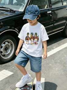 Boys White Short Sleeve T-Shirt With Three Cartoon Ducks In Hats, Pencils And Books Print - White - View 2