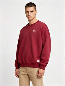 Nike Swoosh Embroidered Crewneck Pullover Sweatshirt Men's Loose Long Sleeve Daily Commute Outdoor Sports Comfortable Versatile Casual Top - Red - View 1