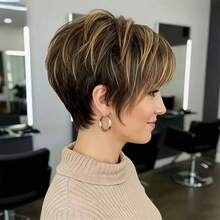 Premium Human Hair Short Pixie Cut Wig For Women, Layered Short Pixie With Bangs, No Lace No Glue Fully Machine Woven, Soft Rose Mesh Cap, Suitable For Daily Summer New Style Fashion 4/27 Highlighted Human Hair Wig - Multicolor - View 4