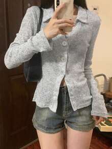 Women's Autumn Vintage Slim-Fit Flattering Grey Thin Waist-Cinching Long Sleeve Sun Protection Top - Grey - View 3