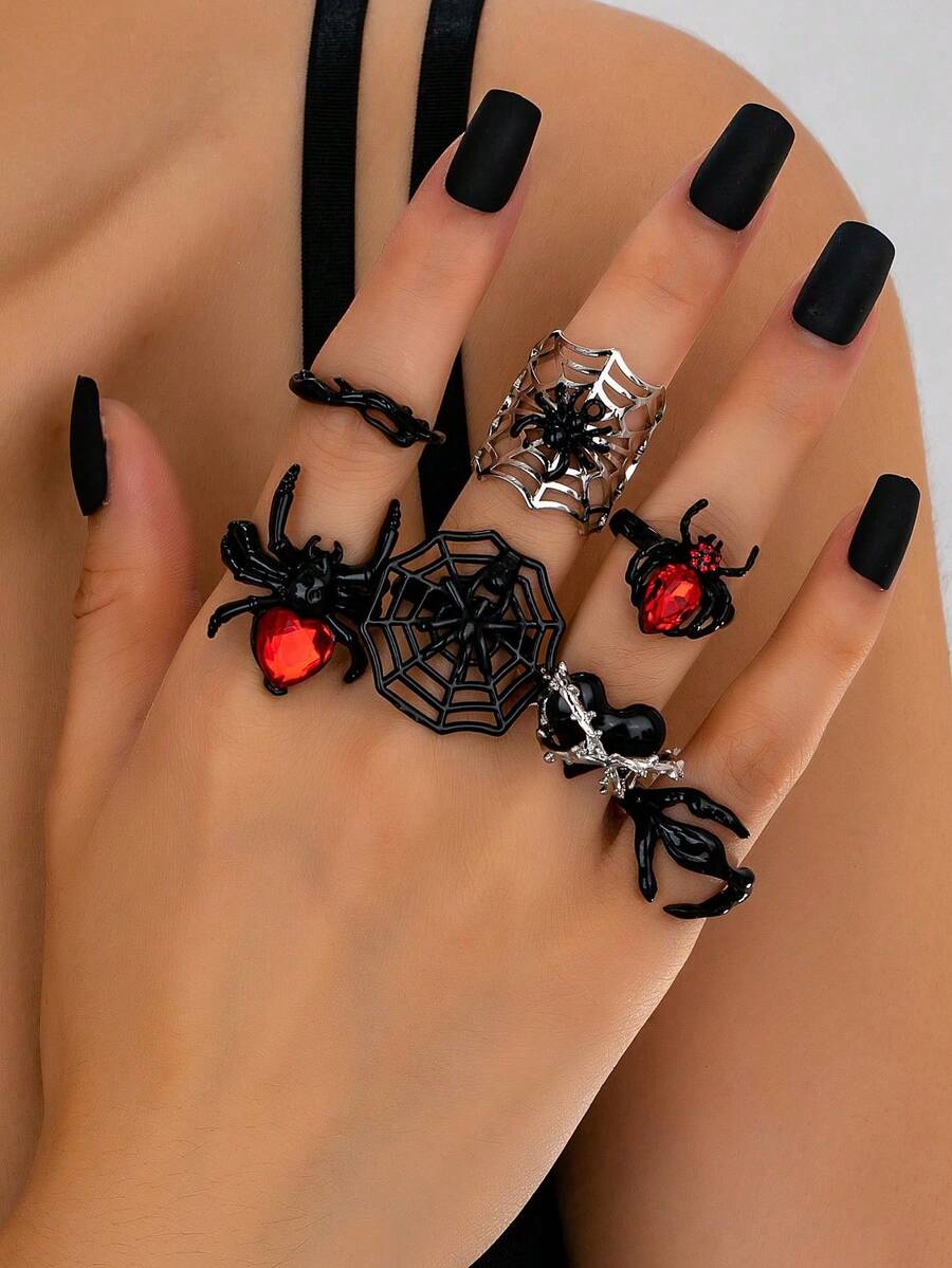 7 Pcs Vampire Gothic Style Spider Rings Set - Punk Style Black Color Spider Web Ring Halloween Costume Party Jewelry - Multicolor - View 1