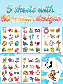 STARTTOOS 5 Sheets 60 Patterns Summer Beach Hawaii Vacation Temporary Tattoo Stickers, Birthday Party Christmas Gift Event Holiday Party Kids Tattoo Set - Multicolor - View 10