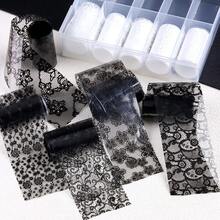 Bộ 10 miếng giấy chuyển họa tiết nail đen trắng - họa tiết ren vintage, hoa và ô kẻ; trang trí móng tay mùa đông lễ hội dễ thương, phù hợp cho DIY và sử dụng tại salon - Nhiều màu - Xem 10