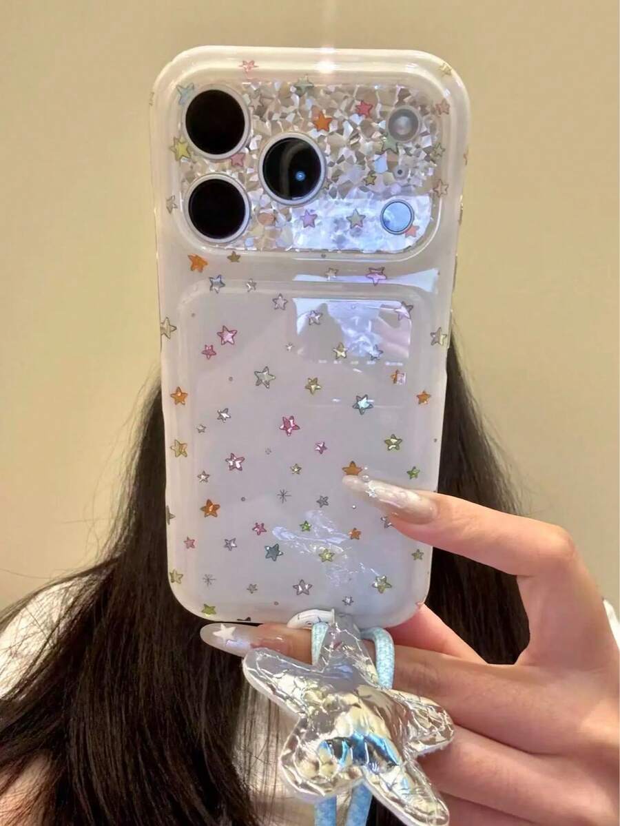 韓系 Ins 極簡皮革星星手機殼,適用 Apple 17 Pro Max 16 Pro 15 Pro 16 PM 14 Pro 17 Pro 14,附掛繩,矽膠創意全包覆 - 白色 - 查看 1