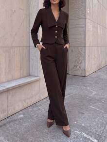 Women's Brown Stretchy 2 Pieces Pant Suit Cropped Gold Button Blazer Wide Leg Pants For Business Work - Coffee Brown - View 4
