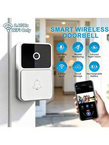 جرس باب فيديو ذكي لاسلكي 2.4G WiFi مع جرس داخلي، كاميرا جرس باب أمن منزلي خارجية، اتصال صوتي ثنائي الاتجاه، رؤية ليلية بالأشعة تحت الحمراء IR، عرض عن بعد على الهاتف المحمول في الوقت الفعلي، بطارية قابلة للشحن مدمجة 400mAh، جرس باب مراقبة منزلية - مشاهدة 2