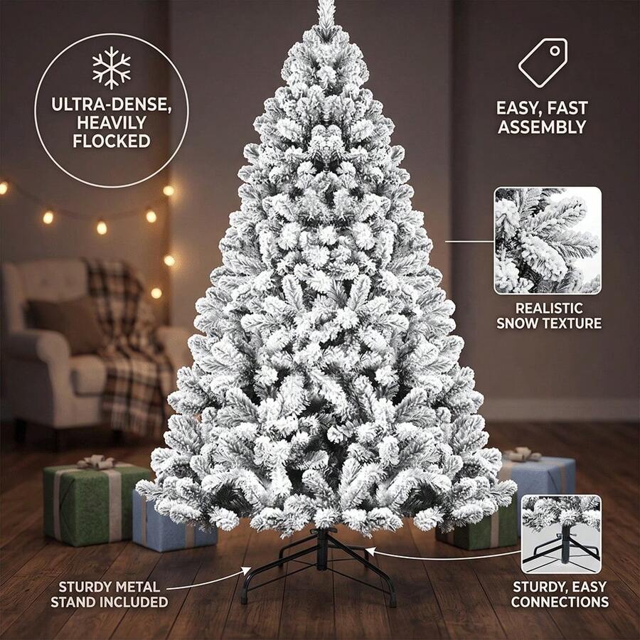Snöflockat konstgjort julgran, realistiskt vitt snö-PVC julgran för juldekoration i hemmet, 6 fot obelyst vinterjulgran med metallställning - Grön - Visa 1