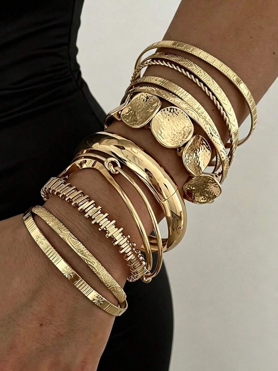 12/7pcs Vintage Elegant Wide Plain Metal Disc Beaded Elastic Bracelet Set, Suitable For Women's Daily, Party, Vacation And Multiple Occasions, Gift - Gold - View 1