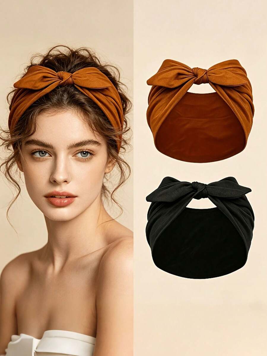 2 buah Bando Pita Gaya Bohemian, Bando Rambut Lebar Elastis Lembut, Cocok untuk Wanita, Aksesori Fashion untuk Yoga dan Pemakaian Sehari-hari - MultiWarna - View 1