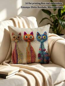 1pc Faux Embroidery Colorful Cat Pillowcase With 3 Cute Kittens Pattern, Suitable For Pet Lovers, Sofa, Bedroom, Home Decor (Pillow Insert Not Included) - Multicolor - View 6
