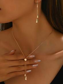 Conjunto de 3 Peças de Colar e Brinco com Pingente de Gota d'Água Geométrica, Corrente de Cobra Fina e Borla, Estilo Fashion Requintado - Dourado - Visão 3