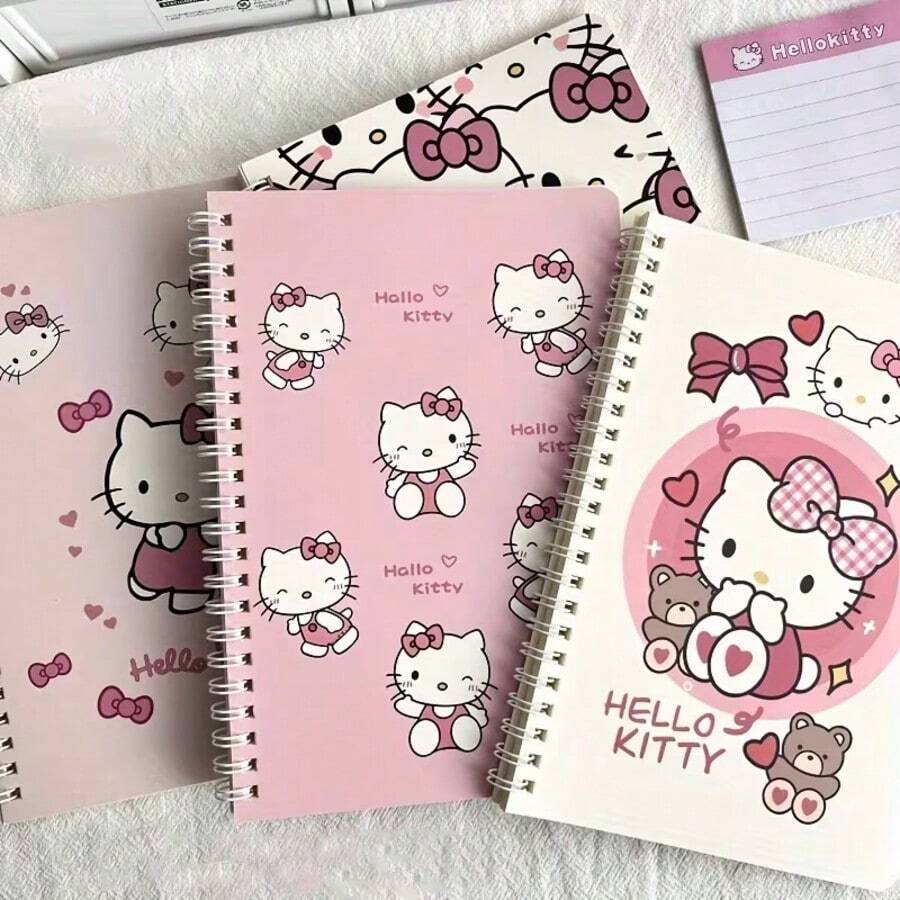 SANRIO Hello Kitty Pink Heart A7 Spiral Notebook, Random Pattern, (4pcs/Set) With Cute Cartoon Pattern And Bow Decoration, Thick Lined Paper Inside, Durable Hardcover Design, Suitable For Study, Office Or Journaling. Randomly Delivered In Different Colors And Styles, Fun Design, Spiral Binding.