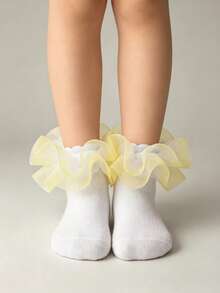 1 Pair Baby Girl Princesscore Ruched Hem Pleated Lace Trim Cotton Soft Cute Casual Socks For Back To School Daily - Multicolor - View 3