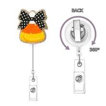 1pc/3pcs Halloween Candy Corn Leopard Print Bow Glitter Acrylic Retractable Badge Reel With Crocodile Clip - Multicolor - View 2