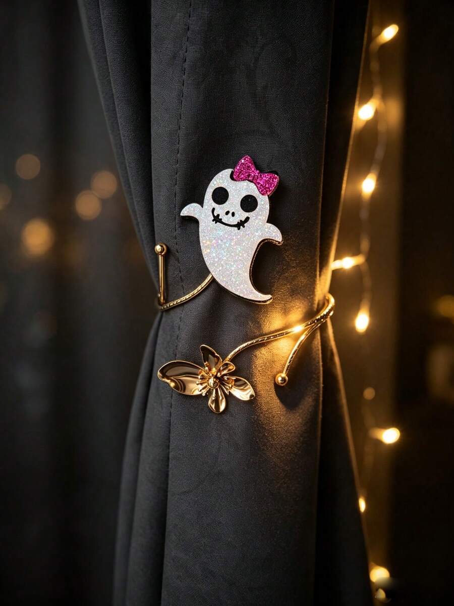 2Pcs Halloween Glitter Curtain Tiebacks, Bat Pumpkin Ghost Alloy Curtain Holdbacks For Holiday Bedroom Party Decor - Halloween Edition - View 1