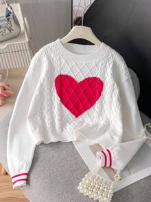 Girls Cute Heart Short Knit Pullover Sweater, Suitable For Daily Casual Wear In Spring, Autumn And Winter - White - View 1