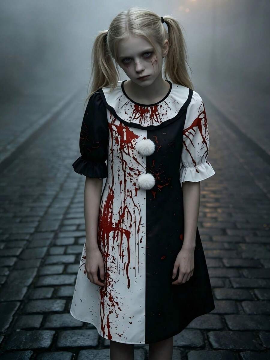 Girls' Casual Horror Vampire Clown Short Sleeve Color Block Dress Costume Outfit Cosplay Halloween Carnival Night