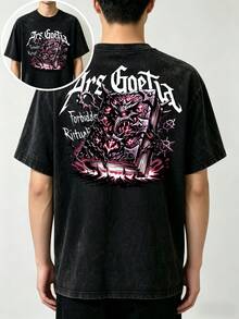Unisex Oversized Black Vintage Washed-Effect T-Shirt, Featuring "Ars Goetia" Text And A Hidden Magic Book Print Depicting Forbidden Spells, Designed - 黑色 - 查看 3