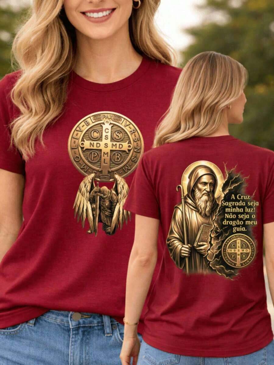 CAMISETA RELIGIOSA MEDALIA ANJO CSPB A CRUZ SAGRADA SEJA MINHA LUZ UNISSEX 100% ALGODÃO PREMIUM - bordô - Visão 1