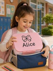 1pc Customized Name Bento Box 3-Compartment Lunch Box With Fork And Spoon Leak-Proof Back To School Children Teenager Student Birthday Gift - Multi-color Style 2 - View 2