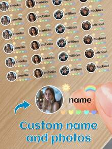 60 piezas Pegatinas transparentes personalizadas con nombre & foto - 25 estilos, Pegatinas transparentes impermeables personalizadas con etiquetas de nombre para jóvenes - Multicolor - Ver 7