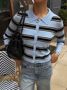 Fall/Winter Vintage Lapel Knit Cardigan Women Business Color Block Striped Minimalist Elegant Sweater - Blue - View 6