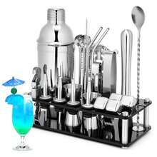 Mixology Bartender Kit de Bar Kit de cóctel, 23 Piezas, Kit de coctelera con Soporte acrílico para Mezclar Bebidas, Kit de Herramientas de Camarero Plateado - Ver 1