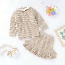 Baby Girls Sweater Set Korean Style Soft Gentle Knit 2-Piece Outfit Contrast Color Ruffle Collar Long Sleeve Top Double Layer Ruffle Skirt Daily Outing Wear - Camel - View 5