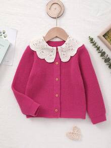 Tween Girl Knitted Embroidered Floral Collar Cardigan - Hot Pink - View 2