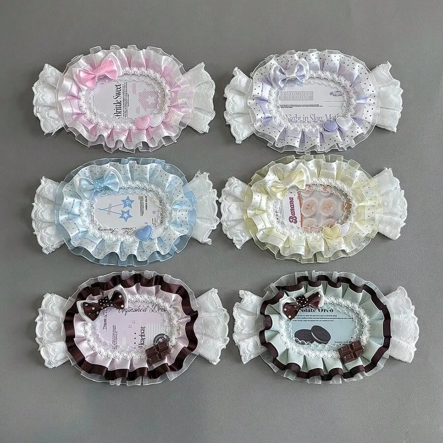Cute Lolita Candy-Shaped Photo Card Holder, Ruffle Edge Polka Dot Organza Lace Bow Heart Decor, Sweet ID/Credit Card Sleeve, Photo Card Storage Case - Rectangle - View 1