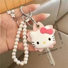 SANRIO 1個 Hello Kitty 鑰匙圈鑰匙套，粉色花卉圖案配珍珠手鍊掛繩，小型 RFID 防護卡套，可愛配件禮物，適合女性背包與手提包裝飾 - 查看 2
